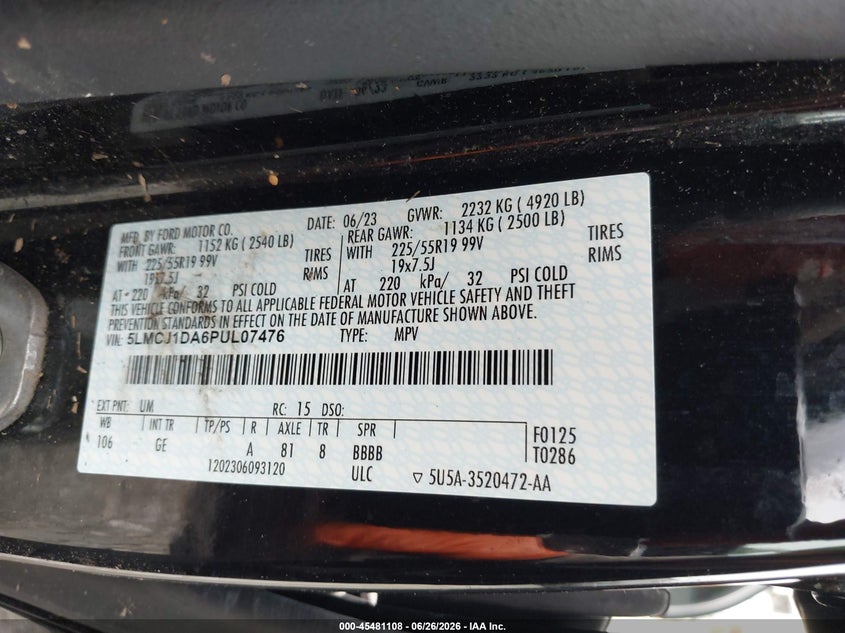2023 Lincoln Corsair Standard VIN: 5LMCJ1DA6PUL07476 Lot: 45481108