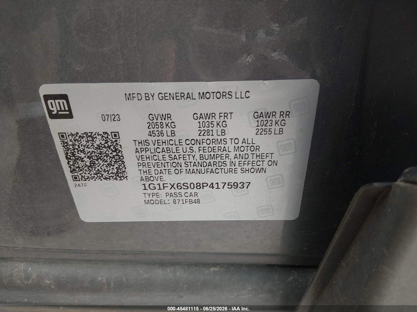2023 Chevrolet Bolt Ev Fwd 2Lt VIN: 1G1FX6S08P4175937 Lot: 45481115