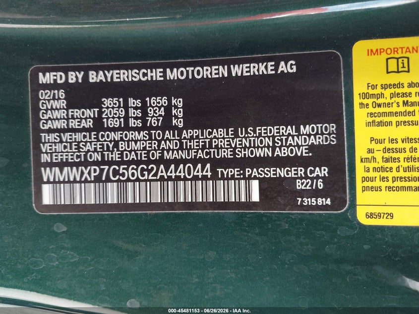 2016 Mini Hardtop Cooper S VIN: WMWXP7C56G2A44044 Lot: 45481153
