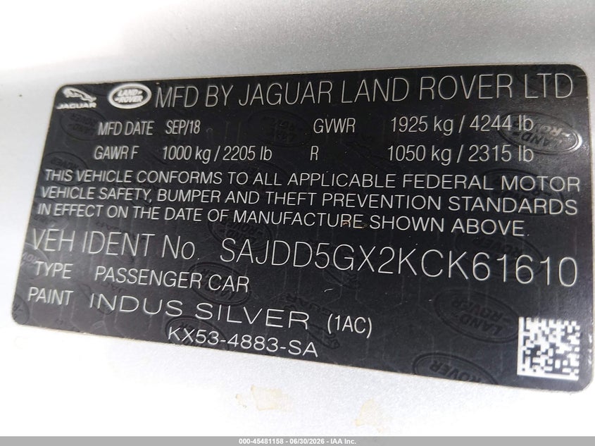 2019 Jaguar F-Type P300 VIN: SAJDD5GX2KCK61610 Lot: 45481158