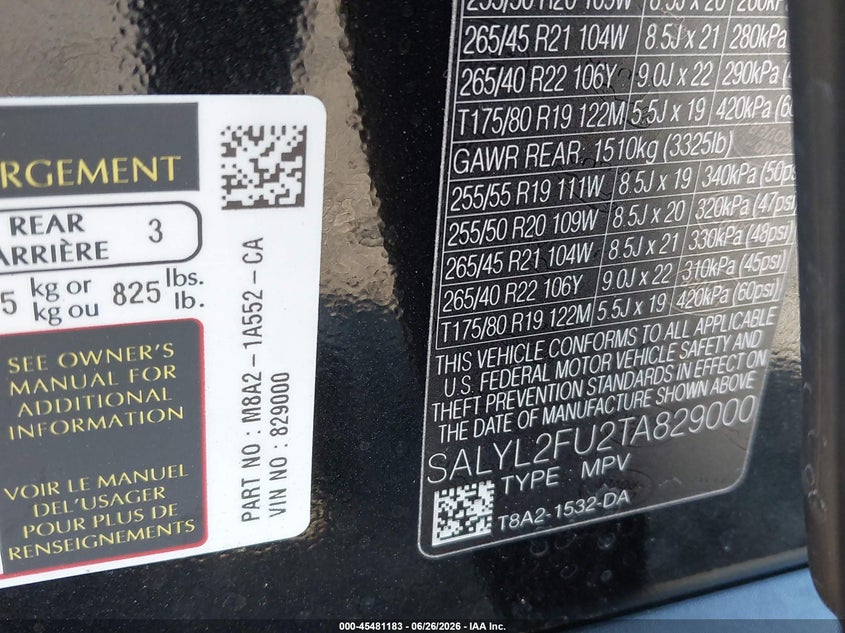 2026 Land Rover Range Rover Velar P400 Dynamic Se VIN: SALYL2FU2TA829000 Lot: 45481183