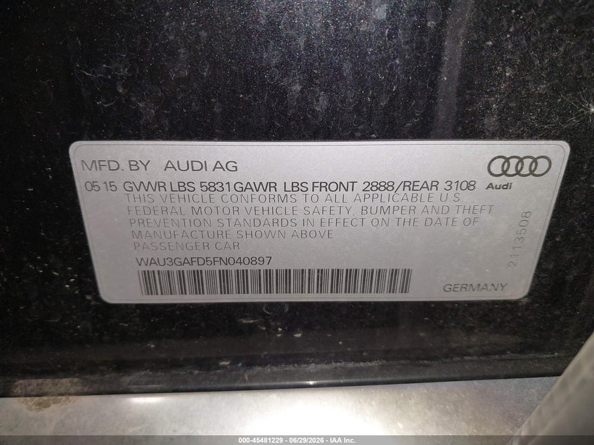 2015 Audi A8 L 3.0T VIN: WAU3GAFD5FN040897 Lot: 45481229