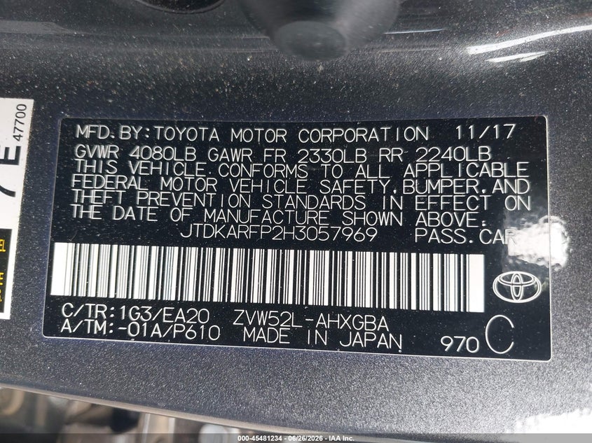 2017 TOYOTA PRIUS HATCHBACK 1.8L I-4 DOHC, VVT, 95HP