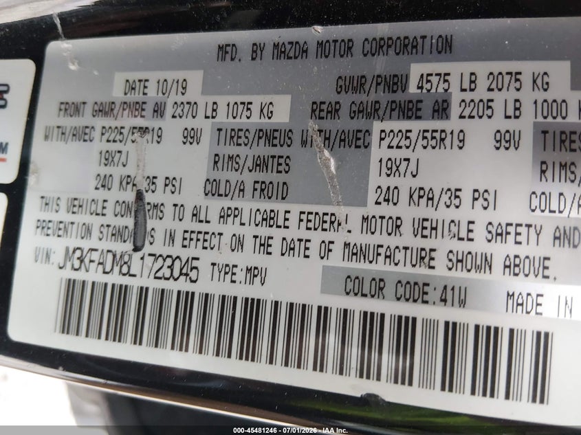 2020 Mazda Cx-5 Grand Touring VIN: JM3KFADM8L1723045 Lot: 45481246