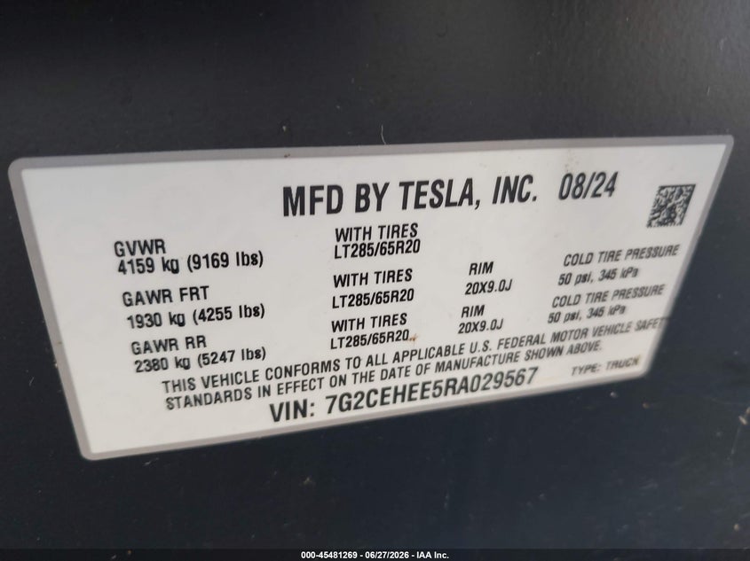 2024 Tesla Cybertruck Cyberbeast VIN: 7G2CEHEE5RA029567 Lot: 45481269