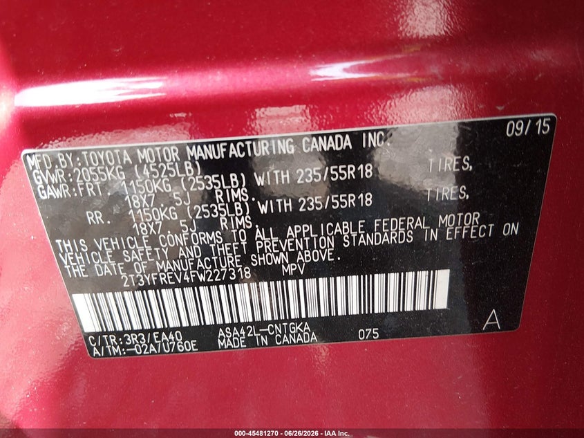 TOYOTA RAV4 2015 VIN 2T3YFREV4FW227318