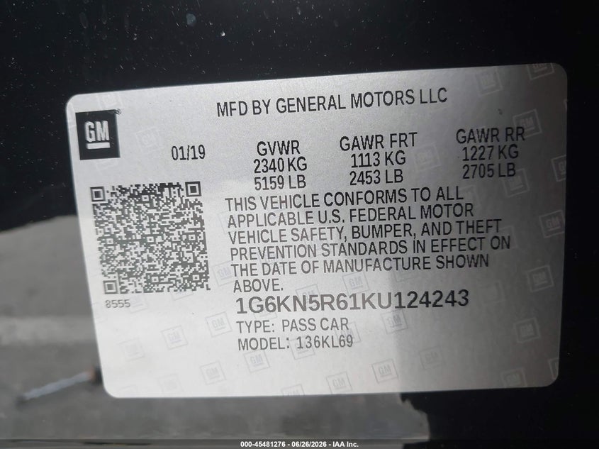 2019 Cadillac Ct6 Sport VIN: 1G6KN5R61KU124243 Lot: 45481276