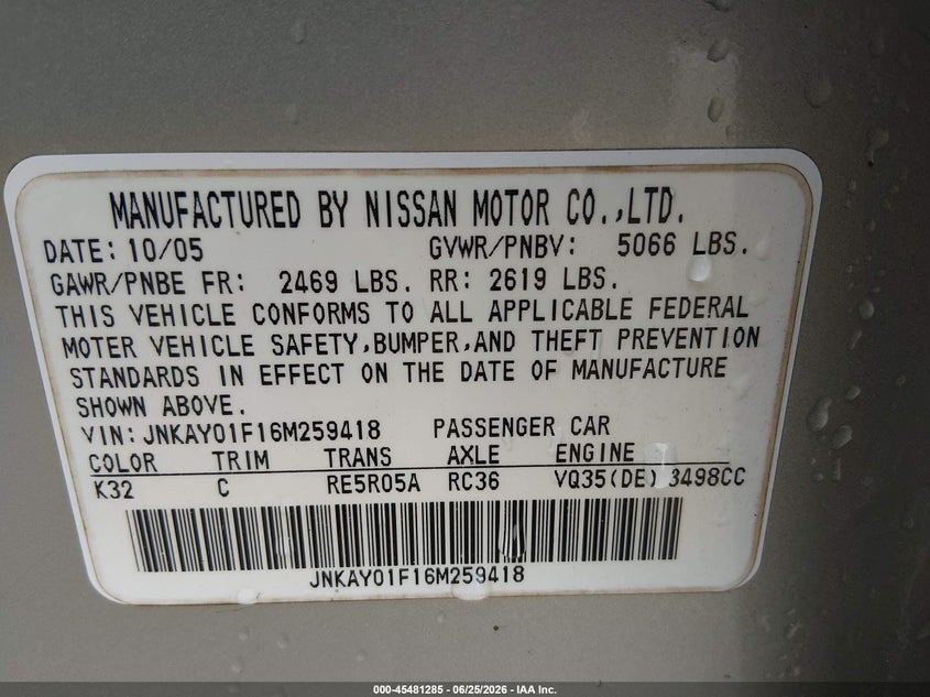 2006 Infiniti M35X VIN: JNKAY01F16M259418 Lot: 45481285