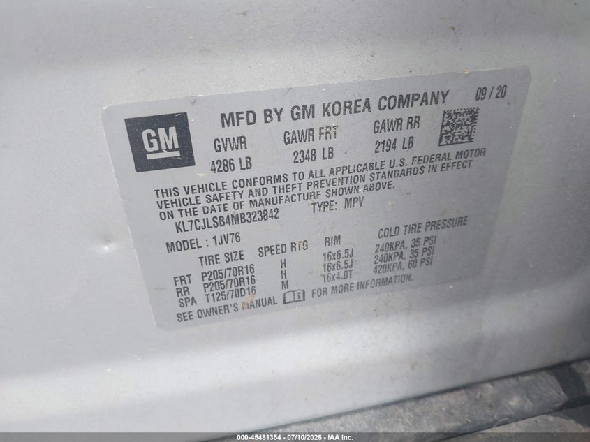 2021 Chevrolet Trax Fwd Lt VIN: KL7CJLSB4MB323842 Lot: 45481354
