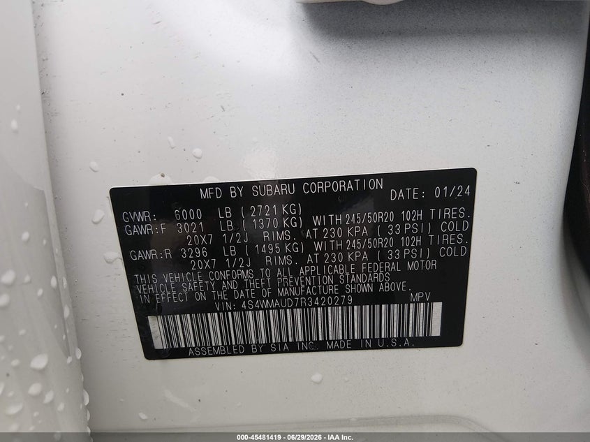 2024 Subaru Ascent Limited 7-Passenger VIN: 4S4WMAUD7R3420279 Lot: 45481419