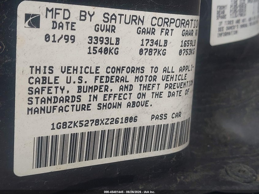 SATURN SL2 1999 VIN 1G8ZK5278XZ261806