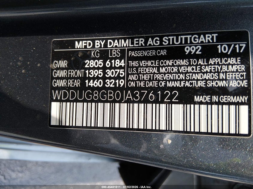 2018 Mercedes-Benz S 560 4Matic VIN: WDDUG8GB0JA376122 Lot: 45481511