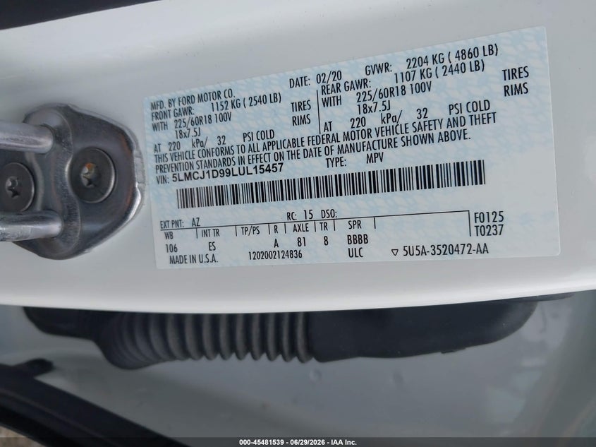 2020 Lincoln Corsair Standard VIN: 5LMCJ1D99LUL15457 Lot: 45481539