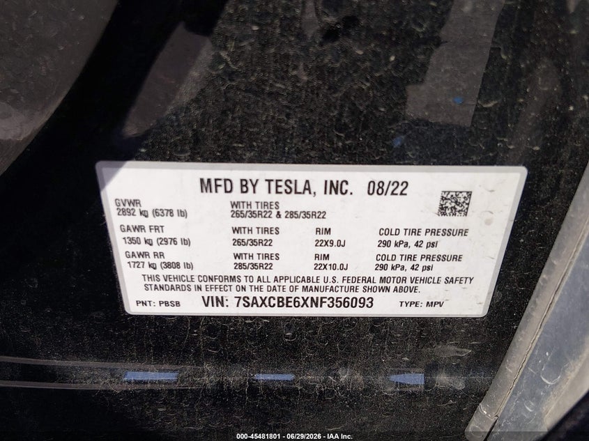 2022 Tesla Model X Plaid Tri Motor All-Wheel Drive VIN: 7SAXCBE6XNF356093 Lot: 45481801