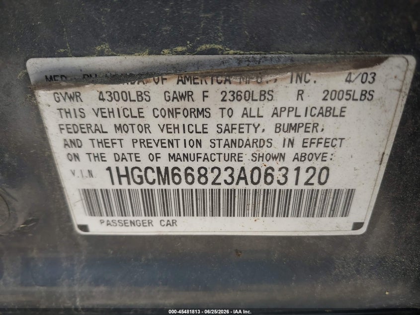 HONDA ACCORD 2003 VIN 1HGCM66823A063120