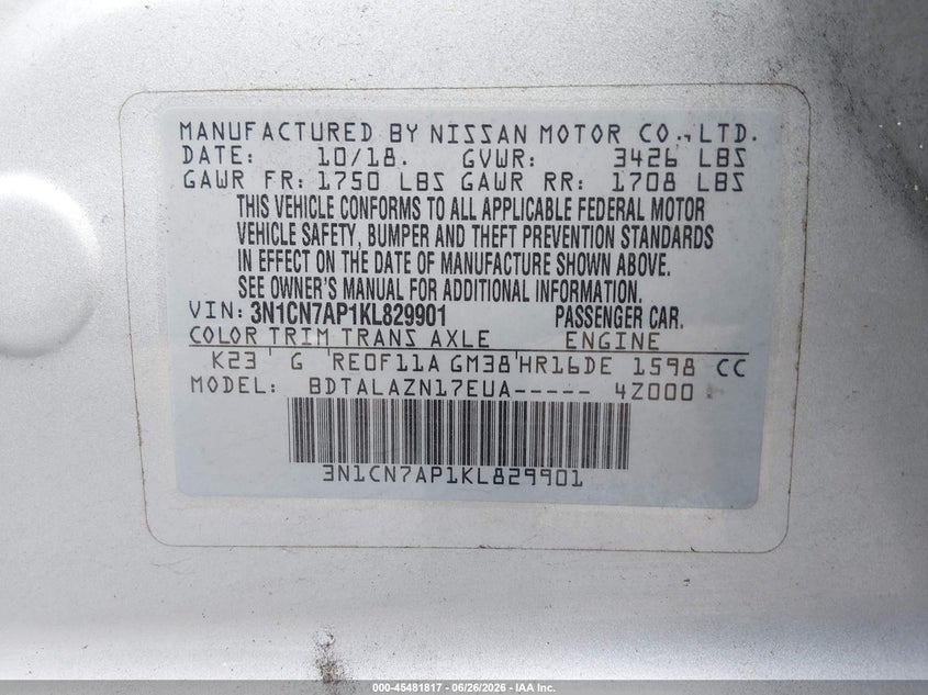 2019 Nissan Versa 1.6 S+ VIN: 3N1CN7AP1KL829901 Lot: 45481817