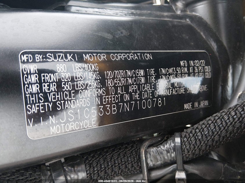 2022 Suzuki Gsx-S750 M/Z VIN: JS1C533B7N7100781 Lot: 45481823