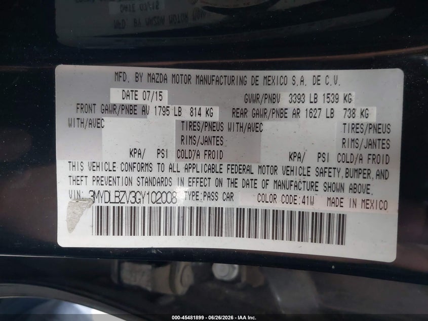 2016 Scion Ia VIN: 3MYDLBZV3GY102008 Lot: 45481899