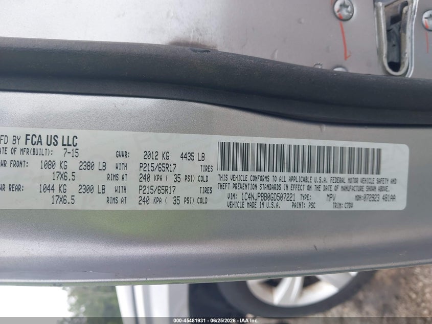 JEEP PATRIOT 2016 VIN 1C4NJPBB0GD507221