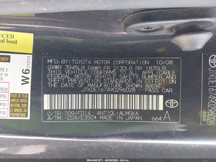 2009 Scion Tc VIN: JTKDE167490296028 Lot: 45481971