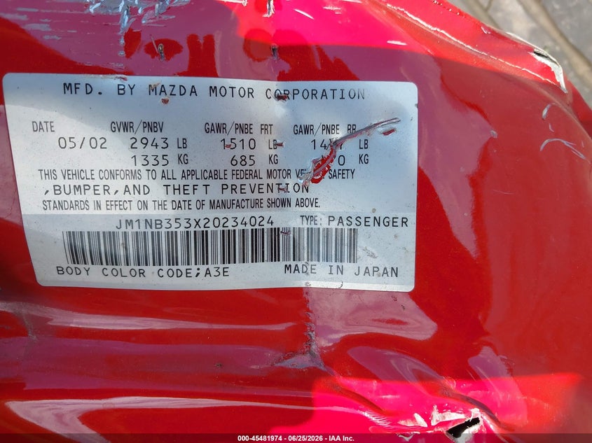 2002 Mazda Mx-5 Miata Cloth/Ls/Se VIN: JM1NB353X20234024 Lot: 45481974
