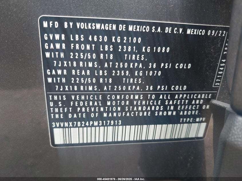2023 Volkswagen Taos 1.5T Se VIN: 3VVNX7B24PM317913 Lot: 45481976