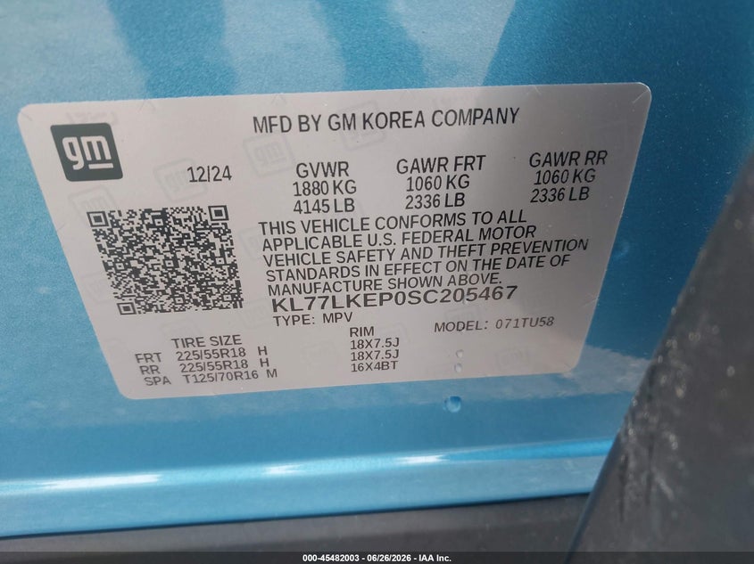 2025 Chevrolet Trax Fwd Activ VIN: KL77LKEP0SC205467 Lot: 45482003