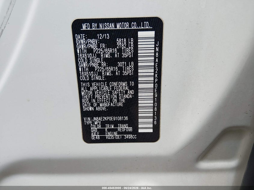 2014 Nissan Quest S VIN: JN8AE2KP0E9108136 Lot: 45482008