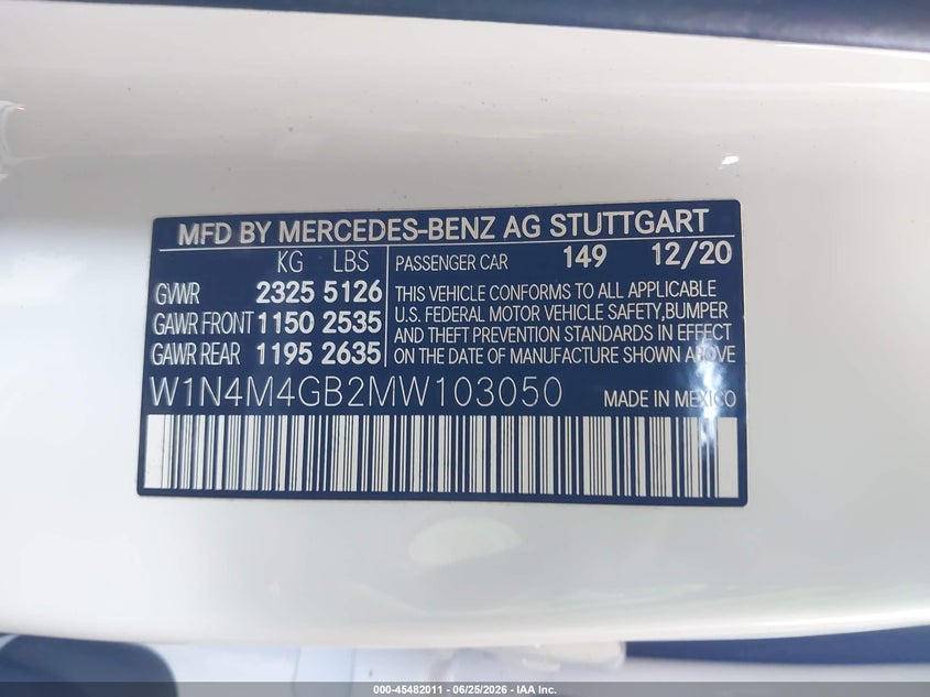2021 Mercedes-Benz Glb 250 VIN: W1N4M4GB2MW103050 Lot: 45482011