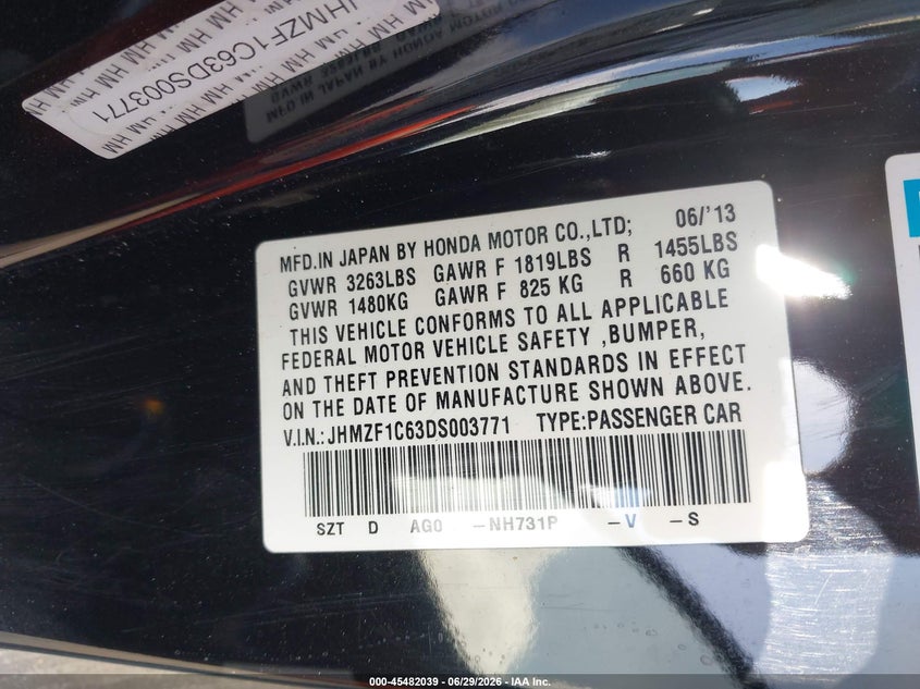 2013 Honda Cr-Z Ex VIN: JHMZF1C63DS003771 Lot: 45482039