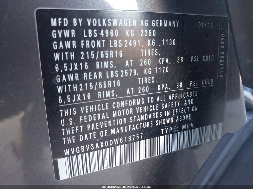 2013 Volkswagen Tiguan S VIN: WVGBV3AX0DW613757 Lot: 45482053
