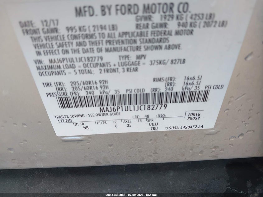 2018 Ford Ecosport Se VIN: MAJ6P1UL1JC182779 Lot: 45482088