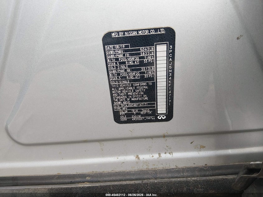 2019 Infiniti Qx50 Essential VIN: 3PCAJ5M34KF147171 Lot: 45482112