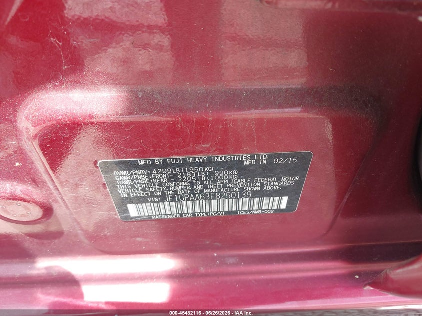 2015 SUBARU IMPREZA HATCHBACK 2.0L H-4 DOHC, VVT, 148HP