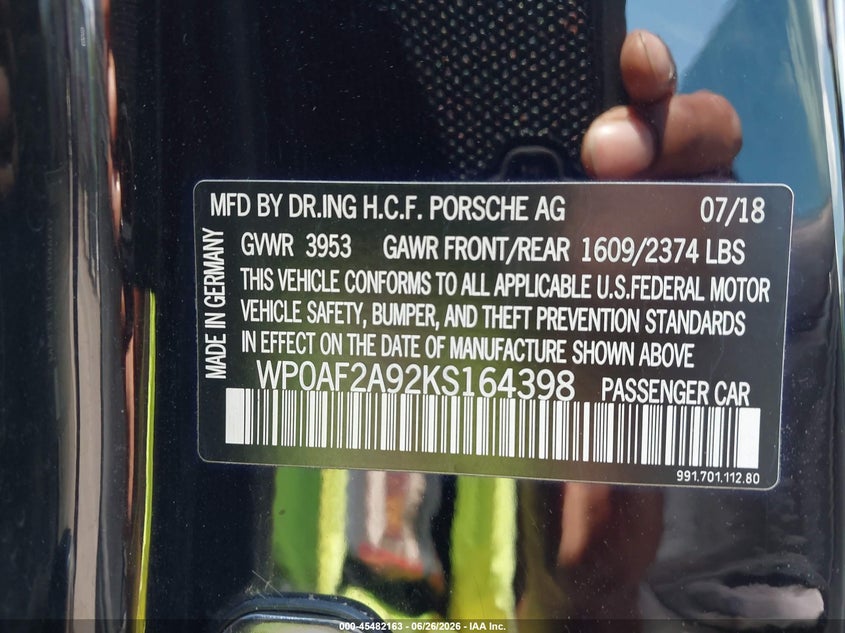 2019 Porsche 911 Gt3 Rs VIN: WP0AF2A92KS164398 Lot: 45482163