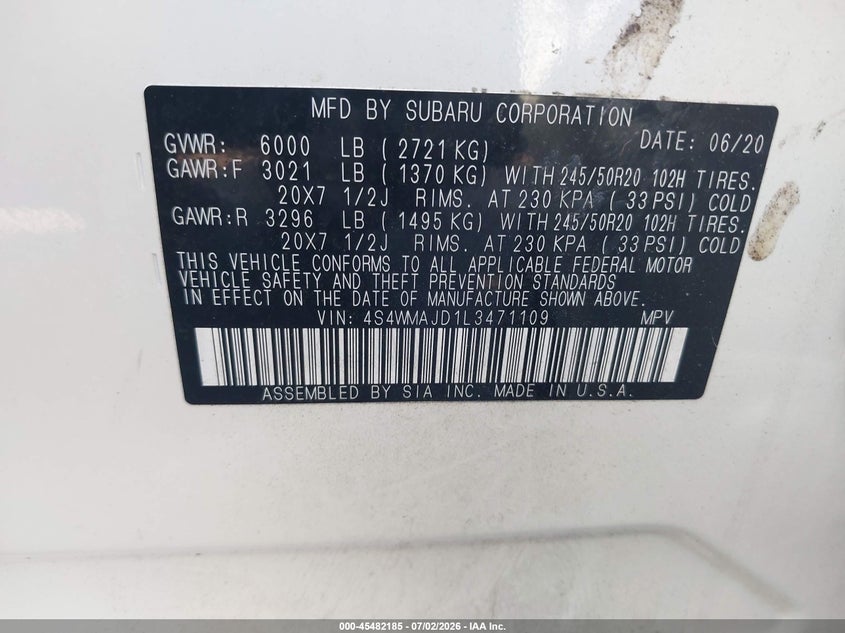 2020 Subaru Ascent Limited VIN: 4S4WMAJD1L3471109 Lot: 45482185