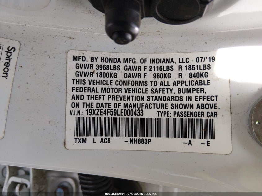 2020 Honda Insight Ex VIN: 19XZE4F59LE000433 Lot: 45482191
