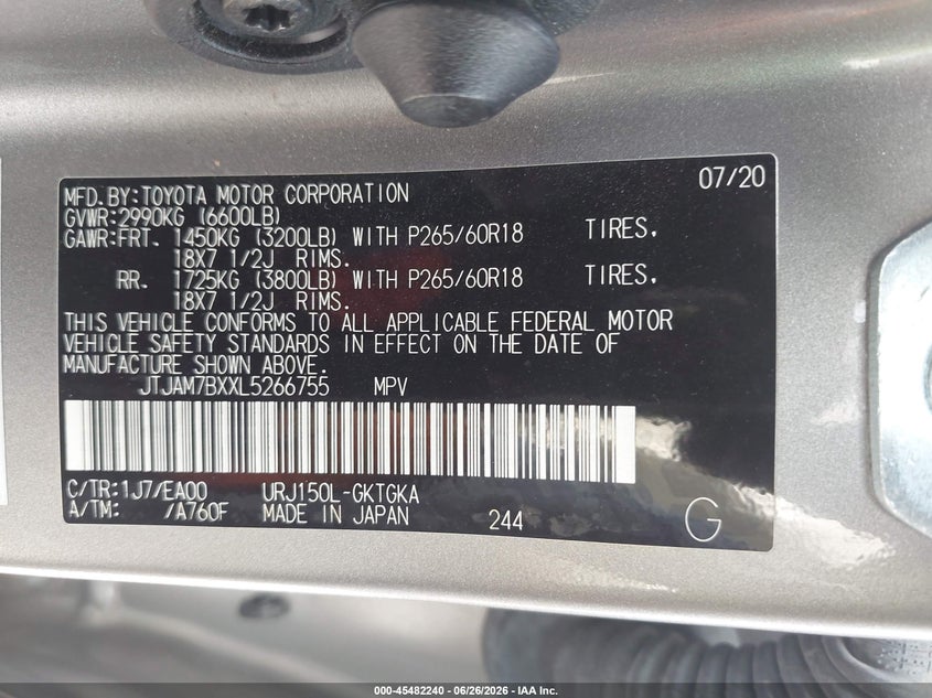 2020 Lexus Gx 460 Premium VIN: JTJAM7BXXL5266755 Lot: 45482240