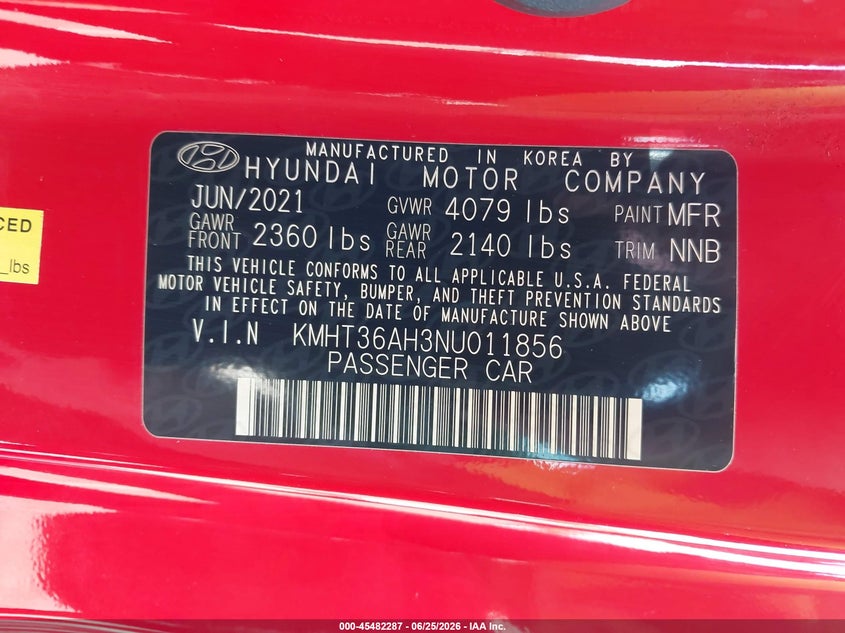 2022 Hyundai Veloster N VIN: KMHT36AH3NU011856 Lot: 45482287