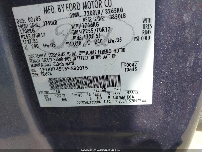 2005 FORD F-150 TRUCK 5.4L V-8 VVT, 300HP