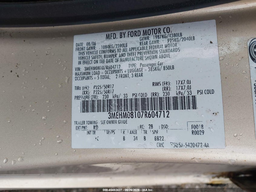 2007 Mercury Milan Premier VIN: 3MEHM08107R604712 Lot: 45482427