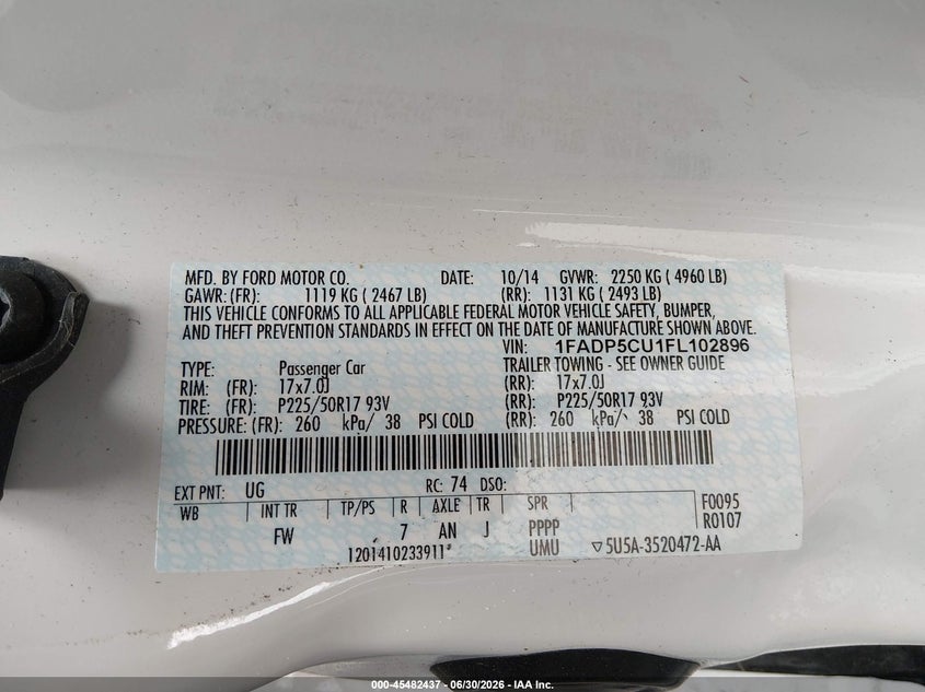 2015 Ford C-Max Energi Sel VIN: 1FADP5CU1FL102896 Lot: 45482437