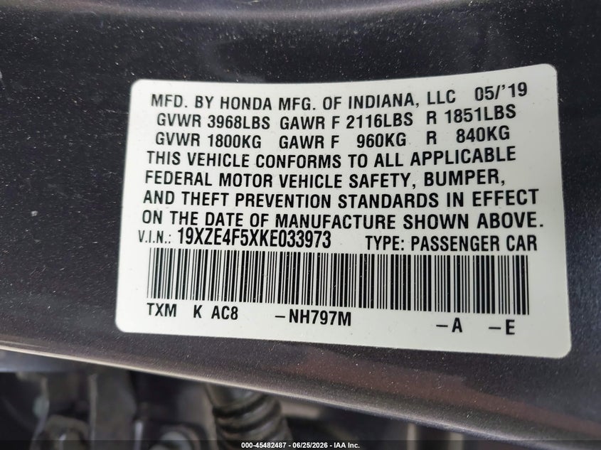 2019 Honda Insight Ex VIN: 19XZE4F5XKE033973 Lot: 45482487