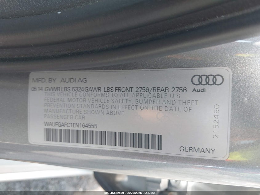 2014 Audi A6 3.0T Premium Plus VIN: WAUFGAFC1EN164555 Lot: 45482499