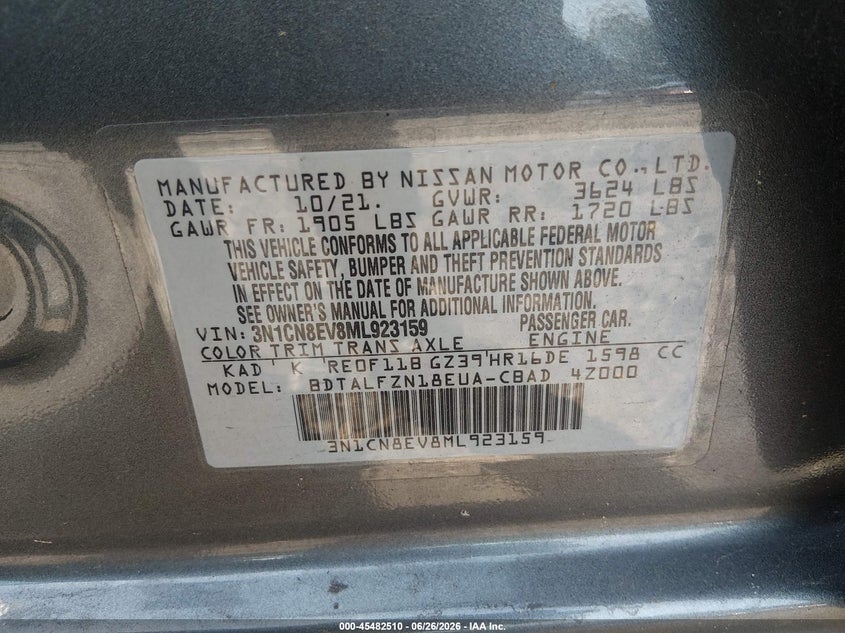 NISSAN VERSA 2021 VIN 3N1CN8EV8ML923159