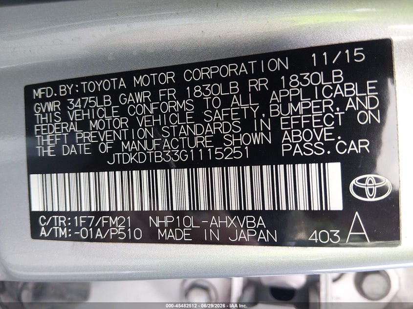 2016 Toyota Prius C Two VIN: JTDKDTB33G1115251 Lot: 45482512