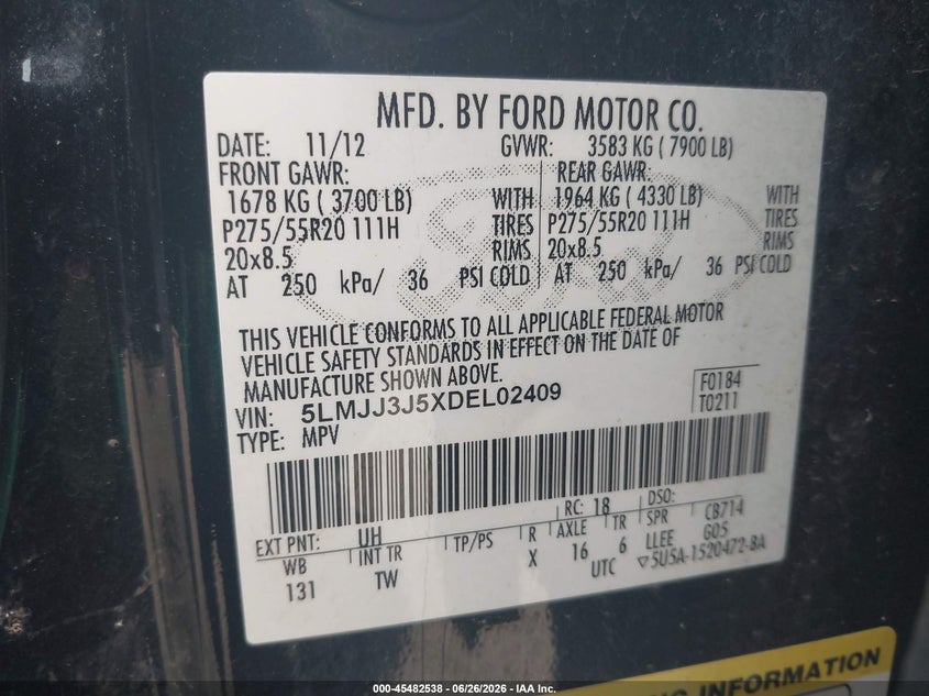 2013 Lincoln Navigator L VIN: 5LMJJ3J5XDEL02409 Lot: 45482538