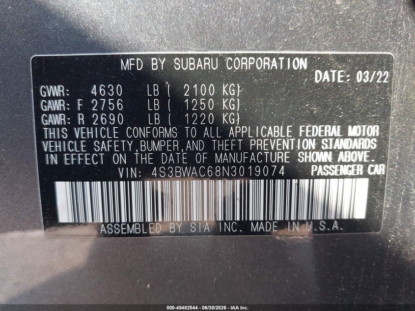 SUBARU LEGACY 2022 VIN 4S3BWAC68N3019074