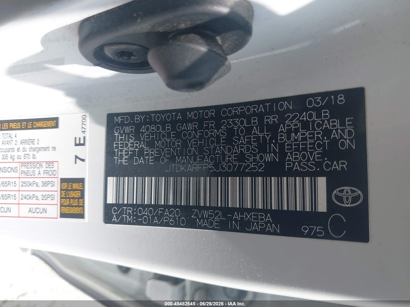 2018 TOYOTA PRIUS HATCHBACK 1.8L I-4 DOHC, VVT, 95HP