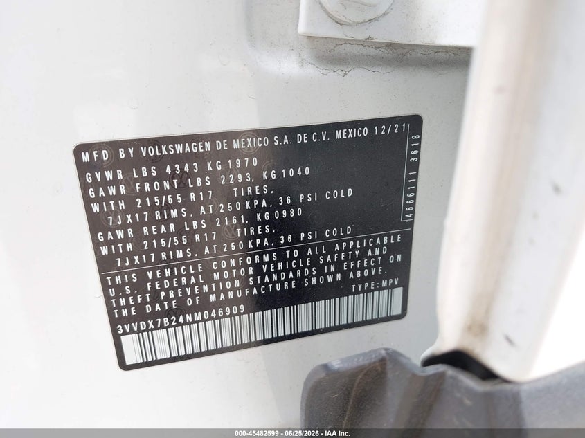 2022 Volkswagen Taos 1.5T S VIN: 3VVDX7B24NM046909 Lot: 45482599